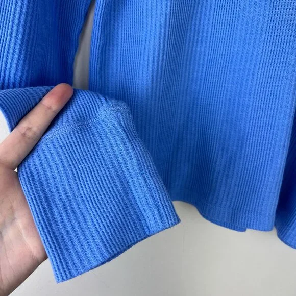 Aerie Blue Waffle Ribbed Knit Long Sleeve Henley T-Shirt - Picture 2 of 5